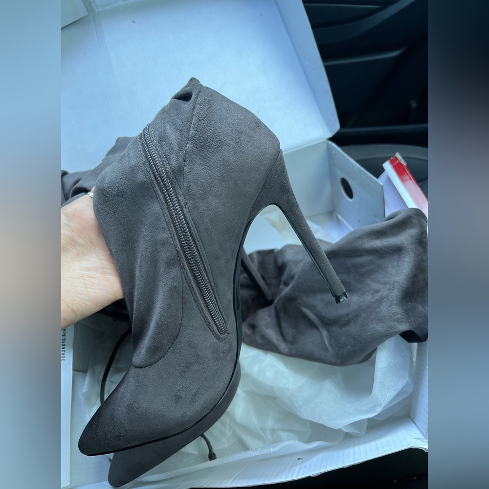 Gray Thigh High Heel Boots